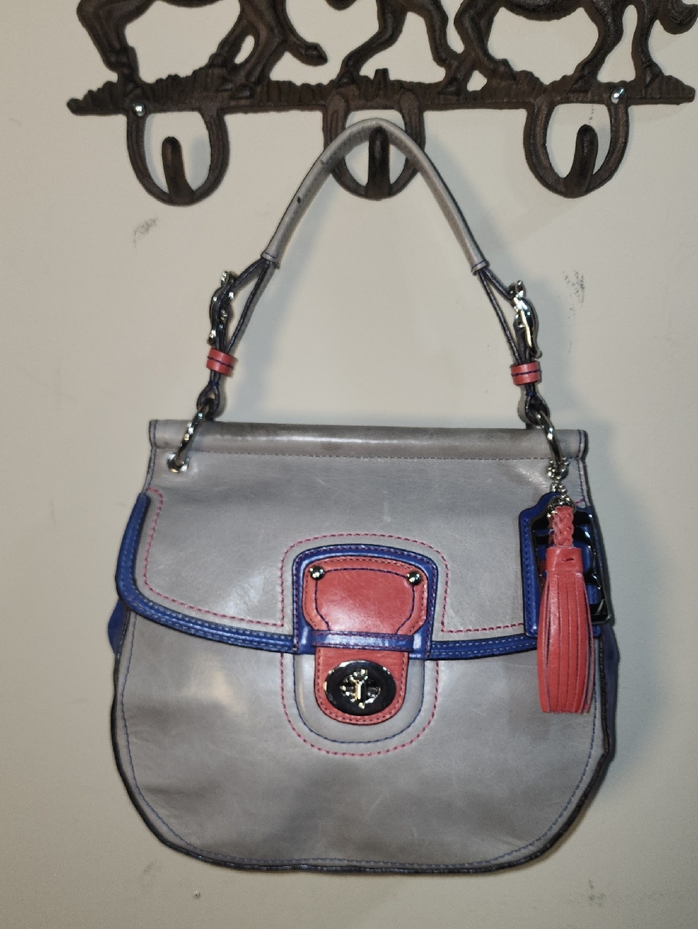 Coach Legacy Willis Colorblock Gray Leather Shoulder Bag Coral Navy Accents